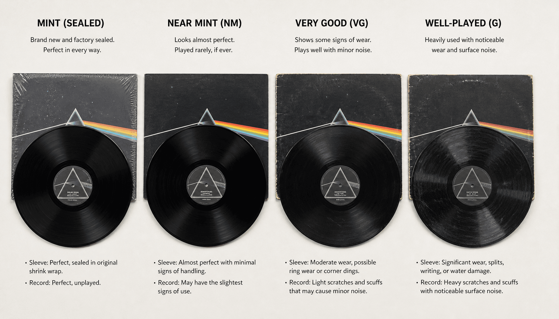 Guía de condiciones de vinilos: Mint, NM, VG+, VG, G y cómo afectan el precio